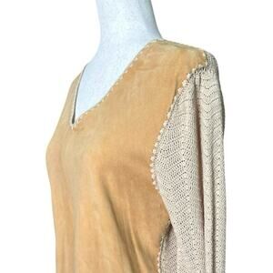 Vintage Suede Leather Top Cotton Crochet Sleeve M/L Boho Cowgirl Rodeo Western